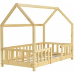 Lit pour enfant cabane maison avec barrière et sommier à lattes en bois de pin naturel 70 x 140 cm