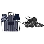 Amazon Basics 15-Piece Non-Stick Cookware Set with Penguin Home Apron, Double Oven Glove and 2 Kitchen Tea Towels Set - NAVY/White