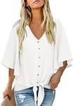 Aokosor Ladies Tie Front Blouses 3/4 Bell Sleeve Tops for Women UK White Shirts V Neck Button Summer Chiffon Size 18-20