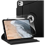 FINTIE Coque pour iPad Pro 11 Pouces 2024 M4 (A2836 / A2837 / A3006), Coque Rotative à 360° Étui Pivotant - [avec 1 Verre Trempé & Rangement de Stylet] Housse Veille/Réveil Automatique, Noir