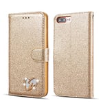 QLTYPRI Wallet Case for iPhone 7 Plus 8 Plus, Glitter PU Leather Case TPU Bumper Card Holder Kickstand [Wrist Strap] [Inlaid Heart Diamond] Flip Folio Case Cover for iPhone 7 Plus 8 Plus - Gold