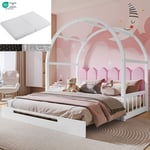 Lit cabane, lit enfant/adulte, lit double, velours, structure en pin, Lit gigogne (140x100cm&140x200cm) (avec matelas gris) blanc + rose