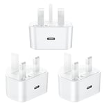 3-Pack USB C Plug iPhone Charger, 25W USB C Fast Charging Plug USB C Charger Plug for iPhone 16 15/15 Plus/15 Pro/15 Pro Max/14/13/12/11, iPad/AirPods,Samsung,UK USBC Power Adapter PD Wall Charge Head