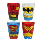 Silver Buffalo DC Comics Justice League Superhero Uniforms Featuring Robin, Batman, Superman, and Wonder Woman 4 Pack Mini Glasses, 1.5 Ounces