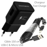 Pour Samsung Galaxy A8 2018 : Chargeur Rapide USB Original 2A + Câble Long Noir Univ