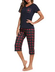 iClosam Pyjama Femme Été en Coton Pyjama Femme Court à Carreaux Pyjama Femme avec T-Shirt Manche Courte et Pantalon Capri Ensemble de Pyjama Femme 2 Pièces S-XXL