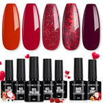 TOMICCA Vernis Semi Permanent, 5 Couleurs Vernis à Ongles Avec Base Coat &Top Coat No Wipe, Kit Rouge Série Gel UV Semi Permanent Soak Off Nail Art Kit De Démarrage Cadeau, 7 x 8ml