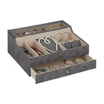 Relaxdays Boîte à Bijoux, Effet Cuir, Velours, écrin pour Hommes et Femmes, Rangement, HxLxP : 13 x 34 x 31 cm, Gris