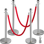 VEVOR Poteau de Guidage Séparation d'Argent 4 Pcs avec 2 Cordes Velours Rouges 1,5 m, Fils d'Attente de Queue Poteau Individuel de Sécurité 96 cm Hauteur Barrière de Queue pour Contrôle des Foules