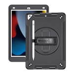 Armor-X (RIN Series) RainProof Military Grade Rugged iPad Case for iPad 10.2 ( 9/8/7th Gen ) -( Black)  With  Pen Holder , Hand Strap , Kick-Stand & Shoulder Strap