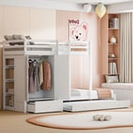 Lit superposé en bois massif 90200 avec lit gigogne, lit enfant multifonctionnel avec armoire, tiroirs et compartiment de rangement, blanc