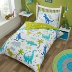 DINOSAUR CHILDRENS REVERSIBLE DUVET COVER SET -SINGLE KIDS BEDDING (GREEN/MULTI)