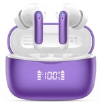 Wireless Earbuds, Bluetooth 5.3 Headphones In Ear with 4 HD microphone, 56H Playtime, HIFI Stereo In Ear Earphones, IPX7 Waterproof Bluetooth Earbuds, LED Display, USB-C, Sport/Work/Leisure/Purple