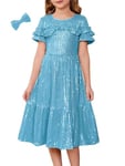 GRACE KARIN Robe de soirée pour Filles Robe trapèze à Volants à Paillettes Robe mi-Longue en Velours à Manches Longues Costume d'halloween Robe de fête d'hiver Bleu 10-12 Ans