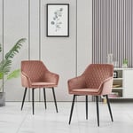 Lot de 2 Chaise de salle à manger, Fauteuil, Siège rembourrée, avec accoudoirs, pieds en métal, revêtement en velours, pour salon, chambre - Rose