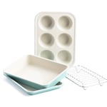 GreenLife Bakeware Healthy Ceramic Nonstick Toaster Oven Mini 4 Piece Baking Set, Includes 6-Cup Muffin Tin, Rectangular Cake Tin, Baking Tray & Cooling Rack, PFAS-Free,Oven Safe Up To 230°C,Turquoise