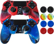 Antidérapant Clouté Huile De Caoutchouc Silic Manette Couverture Avec 8pcs Poignées Kit Pour Sony Ps4 / Slim / Pro Controller(Rouge Bleu Camouflage)