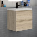 Meuble de salle de bain avec lavabo, 60 cm, 2 tiroirs avec fermeture amortie, meuble suspendu chêne