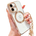 HZLFCZL Coque pour iPhone 16 Plus avec La chaîne,Compatible avec MagSafe,Protection de lentille de caméra,Luxe en Forme de cœur avec Chaine Soft TPU Phone Case for iPhone 16 Plus-Blanc