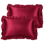 PiccoCasa Satin Pillowcases for Hair and Skin, Retro Silky Pillow Cover with Luxury Ruffle and Envelope Closure Satin Pillow Cases 2 Pack Burgundy 50 x 75cm