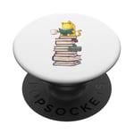 Kawaii Cat Reading Book Stack Cute Bookworm T-shirt graphique PopSockets PopGrip Adhésif