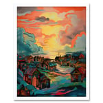 Atmospheric Clouds Over Mono Fishing Village Cabins at Dawn Modern Watercolour Painting Art Print Framed Poster Wall Decor 12x16 inch