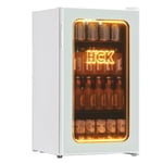 HCK Réfrigérateur pour Boissons de 98 L, Mini Réfrigérateur avec Éclairage Orange 3D et Porte en Verre, Réfrigérateur Compact de 105 Canettes avec Étagères Réglables pour Soda, Bière ou Vin(Blanc)