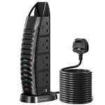 Tower Extension Lead 4M, Hotimy Plug Extension Tower 8 Outlets and 6 USB (2 Type C & 4 USB Ports) with Widely Spaced Outlets 13A 3250W & Long Extenion Cable 4-Metre for Home, Office, Kitchen - Black