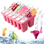 Ice Lolly Moulds,12-Hole Popsicle Moulds, Non-Stick Ice Cream Moulds, Food Grade Silicone Ice Lolly Moulds with Sticks, Cleaning Brush and Folding Funnel, BPA Free, Red