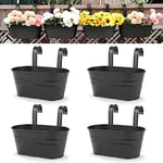 OGIMA 4pcs Large Hanging Flower Pots, Metal Iron Wall Planter Indoor/Outdoor for Railing Fence Balcony Garden Home Decoration with Detachable Hooks, 4x Black