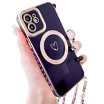 HZLFCZL Coque pour iPhone 12 avec La chaîne Coque,Compatible avec MagSafe,Protection de lentille de caméra,Luxe en Forme de cœur avec Chaine Soft TPU Case for iPhone 12-Violet Foncé