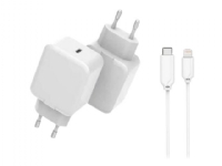 CoreParts - Strömadapter - 5V-12V, 110-230V - 20 Watt - 3 A - PD, Quick Charge 3.0 (24 pin USB-C) - på kabel: Lightning - vit - Europa