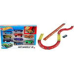 Hot Wheels Coffret 10 véhicules, Jouet pour Enfant de Petites Voitures Miniatures + Track Builder Unlimited Coffret Virages Premium avec connecteurs et Une Voiture