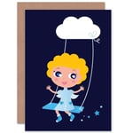 Curly Hair Angel Swing Cloud Night Lullaby Greetings Card Plus Envelope Blank inside