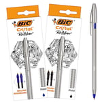 BIC Cristal Re'New - Stylo-Bille Premium en Métal et Rechargeable - Bleu et Noir, Lot de 2+4 Recharges