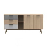 BORGH - Buffet 165cm 2 Portes 3 Tiroirs Scandinave Pin Massif Gris, Blanc et Effet Chêne