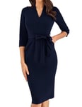 GRACE KARIN Robe Crayon de Cocktail Rétro pour Femme Robe Midi Chic et Élégante avec Ceinture Bleu Marine XL