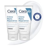 CeraVe - Crème Mains Réparatrice - Nourrit & Hydrate 24 h - Répare & Apaise - Acide Hyaluronique + 3 Céramides Essentiels - Sans Parfum - Peau Très Sèche, Gercée, Abîmée - 2 x 50 ml