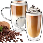 TKNO Set of 2 Pack 450ml Double Walled Tall Coffee Glasses Mugs Cups with Handle for Coffee Tea Latte Juice Ice Cream Borosilicate Heat Resistant Large Glass Cups, Microwave Safe, Ideal for Hot/Cold