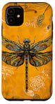 Coque pour iPhone 11 Motif Libellule Ethnique Jaune Art Déco Cuir