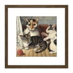 Painting 19th Century American Cat And Kittens 8X8 Inch Square Wooden Framed Wall Art Print Picture with Mount