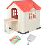 GOPLUS Cabane de Jardin Enfants, Maison de Jardin Geant Enfants avec 1 Porte et 2 Fenêtres avec Table de Pique-Nique,Assiettes et Jouets