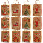 Sacs Cadeaux de Noël,12 Pièce Sac Cadeau Noel en Papier Kraft Pochette Cadeau Noel Reutilisable Sac Papier Cadeau Noel avec Poignée Pochettes de NoëL