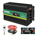 JIGUUN 1000W Convertisseur 12V 220V Pur Sinus Onduleur transformateur Puissance crête 2000W avec Télécommande sans Fil Écran LCD 2 Prises EU 1 Port USB pour Voiture Camping Voyage Urgence