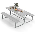 Costway - Ensemble Table et Bancs de Pique-Nique avec Cadre Métal, Ensemble de Jardin Imperméable pour 8 Personnes Banc Charge 250KG Trou pour