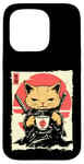 Coque pour iPhone 15 Pro Kawaii Samurai Cat Drinking Coffee, Ninja Cat for Cats Lovers