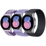 3 Pièces Tressé Solo Loop pour Samsung Galaxy Watch 6/6 Classic/5/5 Pro/4/4/Active 2/Active/3/Gear S2/Gear,20mm Bracelet Sport Nylon Élasticité pour Hommes Femmes，Violet Blanc/Violet Clair/Noir，L