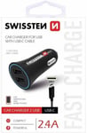 SWISSTEN CAR CHARGER 2USB PORT WITH USB C CABLE 2.4A FOR SAMSUNG GOOGLES PHONES