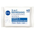 NIVEA 3in1 Refreshing Cleansing Wipes Normal Skin and Combination Skin (40 Wipes), Plant-Based Makeup Remover Face Wipes, Gentle Yet Effective Makeup Removal