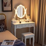 RELAX4LIFE Coiffeuse avec Tabouret LED avec Miroir Rotatif, 10 Ampoules LED, 3 Températures de Couleur, 5 Tiroirs de Rangement, Coiffeuse Eclairée avec Tabouret Rembourré pour Chambre